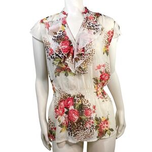 Xhilaration Floral Leopard Ruffle Peplum Blouse Sheer Cap Sleeve V-Neck Large
